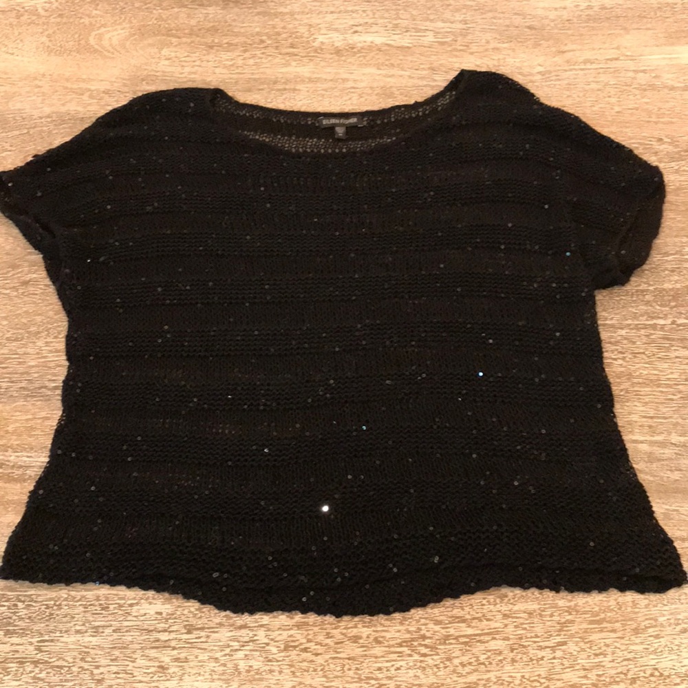 Eileen Fisher Black Open Knit Top Sequin Top